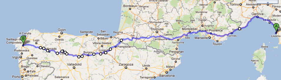 Il tracciato del percorso in Italia, Francia e Spagna